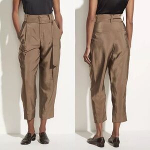 NWT Vince High Waist Belted Pleated Tapered Pant Tan Brown Italy Fabric Size 14